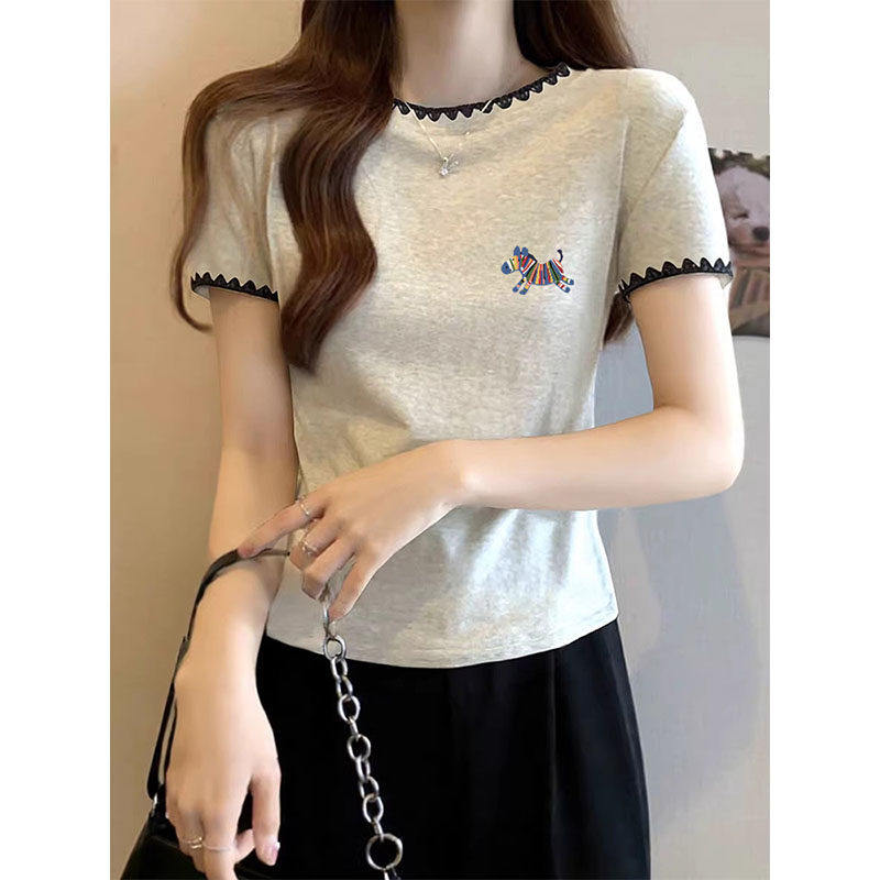 2026夏季新款纯棉米灰色短袖T恤女时尚百搭撞色洋气减龄短款上衣