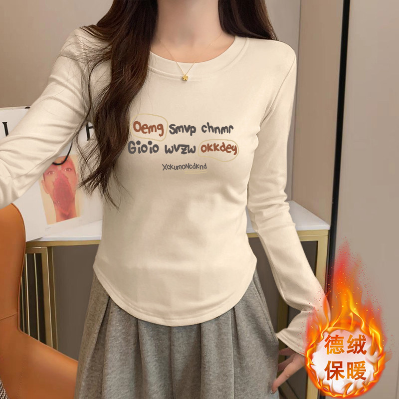 正肩长袖T恤女秋冬季不规则设计感短款德绒保暖小个子打底衫上衣