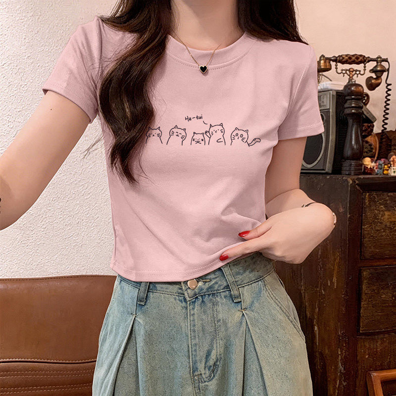 2026新款设计感小众正肩短款t恤女夏季宽松短袖纯棉粉色上衣ins潮