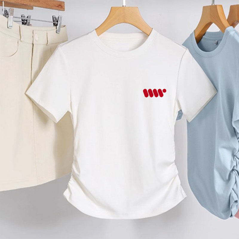 设计感圆领抽绳短袖T恤女夏季新款小众气质短款修身显瘦上衣