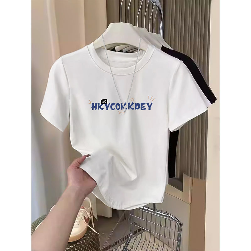 正肩短袖t恤女2025新款爆款夏季白色弧形下摆圆领显瘦短款上衣潮