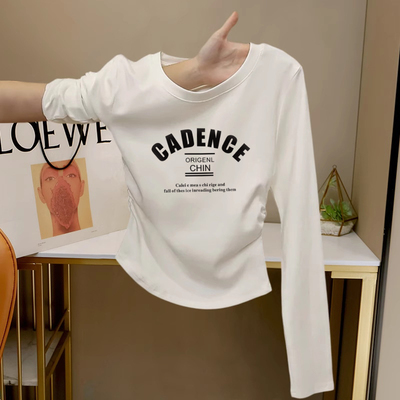 褶皱收腰短款肩长袖T恤女秋季