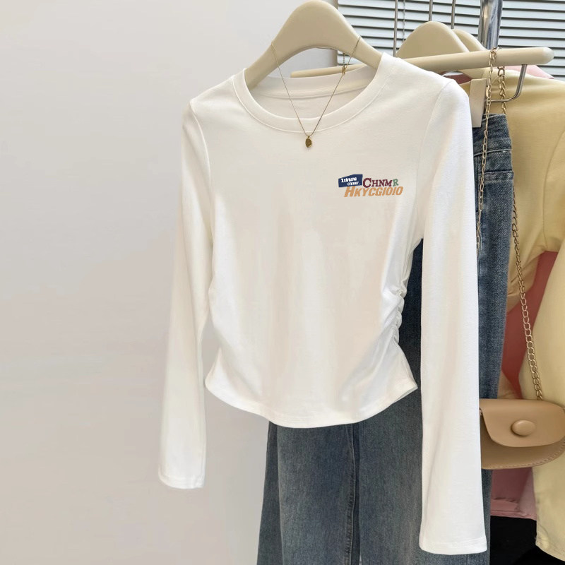 皱褶收腰白色长袖T恤女打底衫2026春秋季新款修身显瘦内搭上衣潮