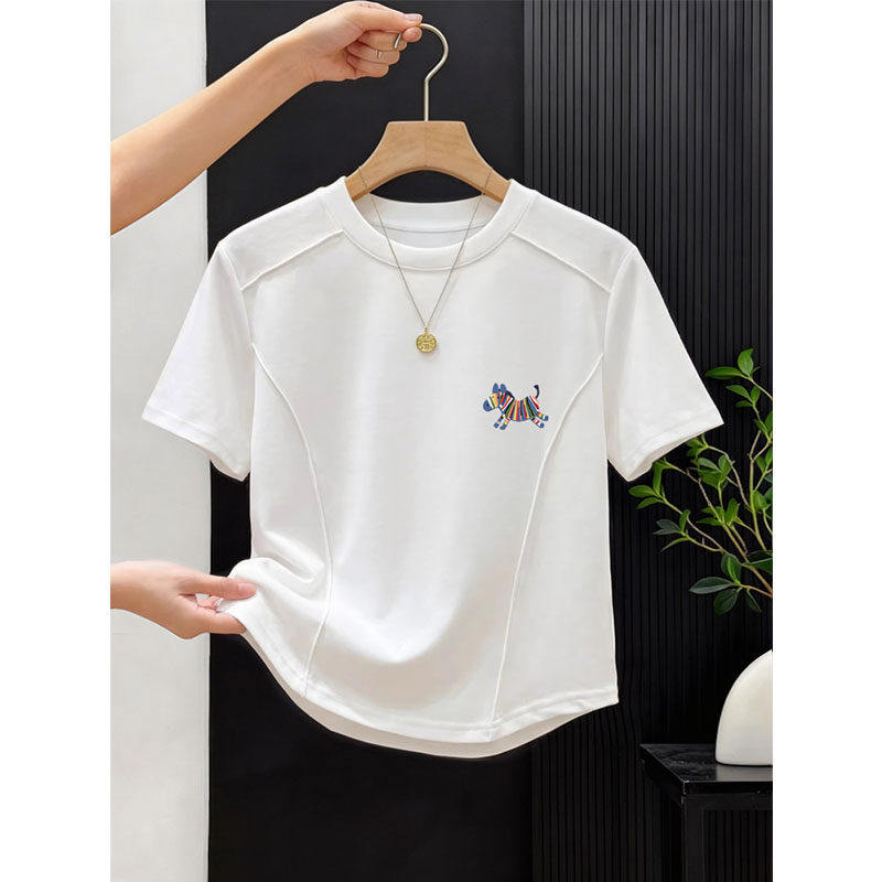 圆领白色正肩短袖T恤女夏2026新款鱼骨小众设计感修身显瘦短上衣