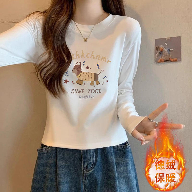 白色圆领长袖德绒打底衫女秋冬新款设计感印花加厚保暖短款上衣