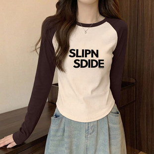 辣妹风正肩拼接长袖t恤女春秋季美式复古短款高腰内搭打底衫上衣