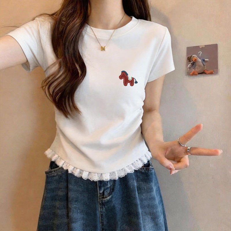 白色纯棉短袖t恤女2026年夏季新款欧货小马印花短款上衣打底衫潮