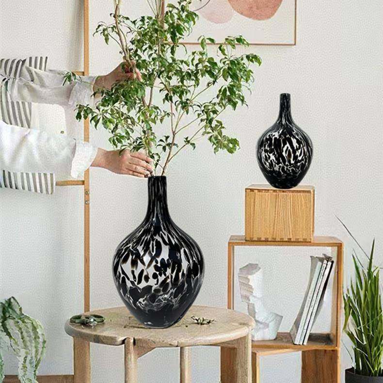 艺术软装花器黑白水墨大肚小口花瓶玻璃家居装饰品客厅吊钟插花瓶