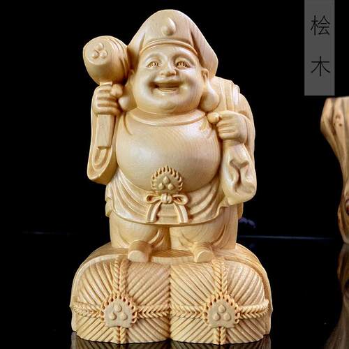 桧木雕刻布袋大黑天款摆件摆饰规格16×10×8.8家居客厅艺品厂家
