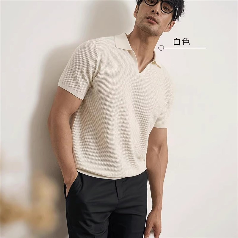 2025夏季新款男士休闲上衣纯色针织衫男士V领短袖poVlo衫薄款透气