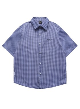 233UNIT 日系复古基础绣花蓝色格子短袖衬衫男女夏W季宽松休闲衬