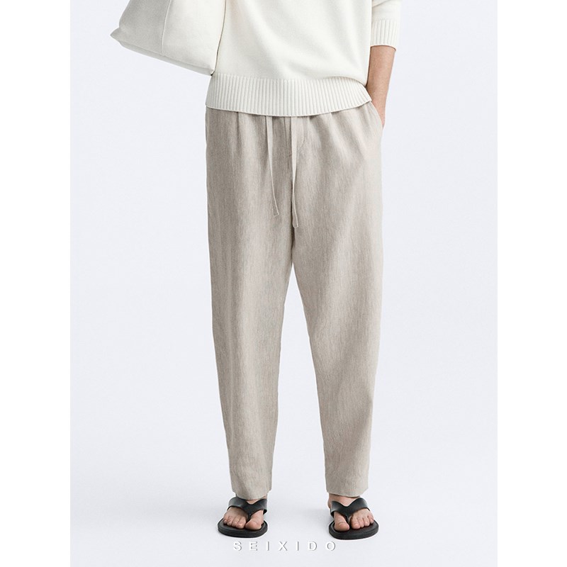 柜429!2e4夏季新品男装米色亚麻直筒简约百搭休闲长裤2634600 052