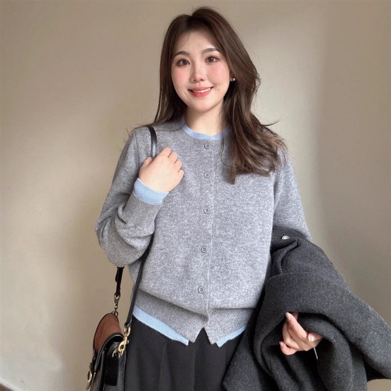 微胖MM韩版叠穿假两p件针织开衫女春秋内搭修身显瘦毛衣外套上衣