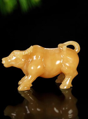 天然米黄玉十二生l肖牛摆件工艺品家居客厅玄关办公室桌面玉雕装