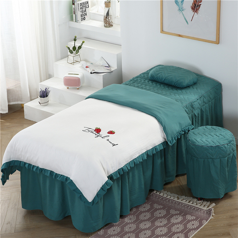 CBHA+新款水洗棉草莓绣花美容床罩四件套美容院美容床欧式床罩套