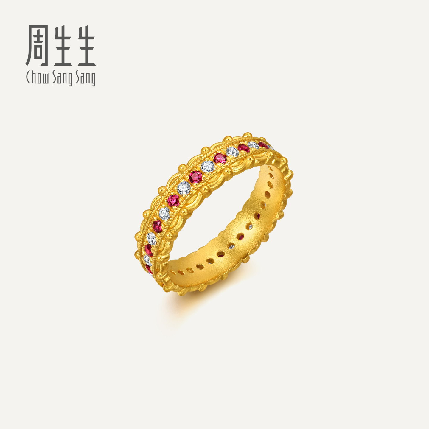 周生生华宇古法黄金足金镶嵌钻石红宝石鸿福相随戒指96038R