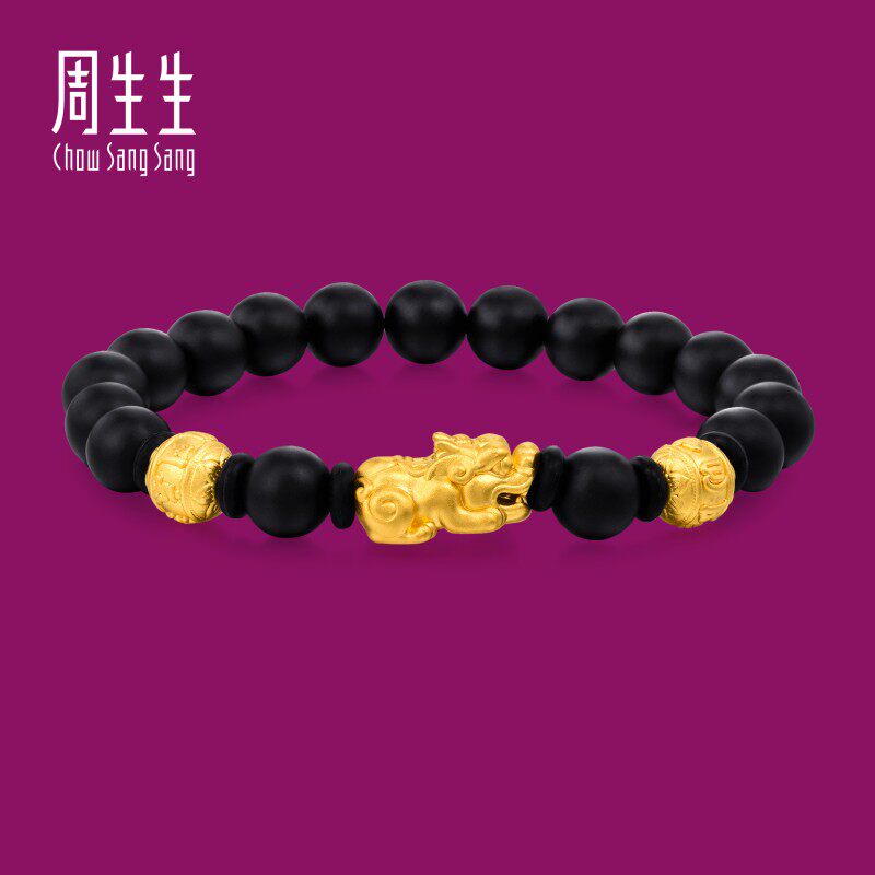周生生华宇黄金足金黑玉髓六字真言明咒貔貅手链男士手串91024B
