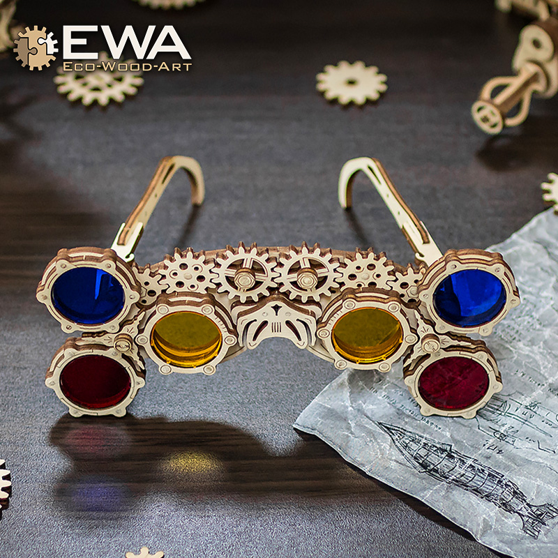 EWA木制蒸汽朋克三色眼镜模型手工拼装玩具成人DYI解压礼物摆件
