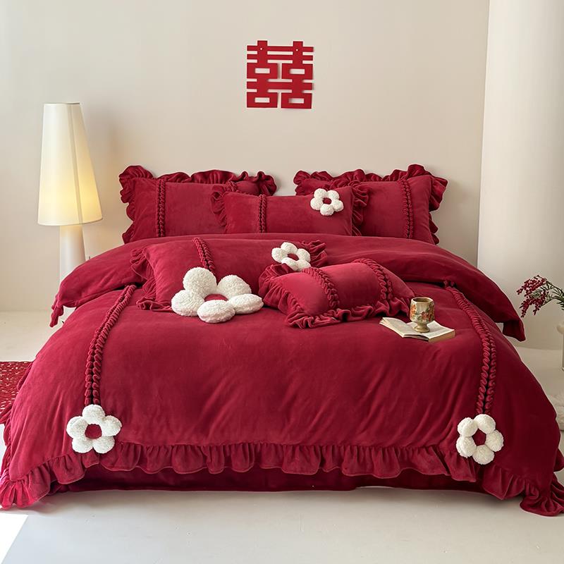红色结婚用牛奶绒四件套轻奢高级感冬天加厚珊瑚绒被套法兰绒床品