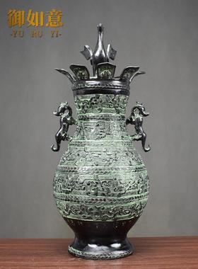 古董青铜花瓶摆件仙鹤展翅圆壶家居风水礼品客厅装饰插花双虎花瓶