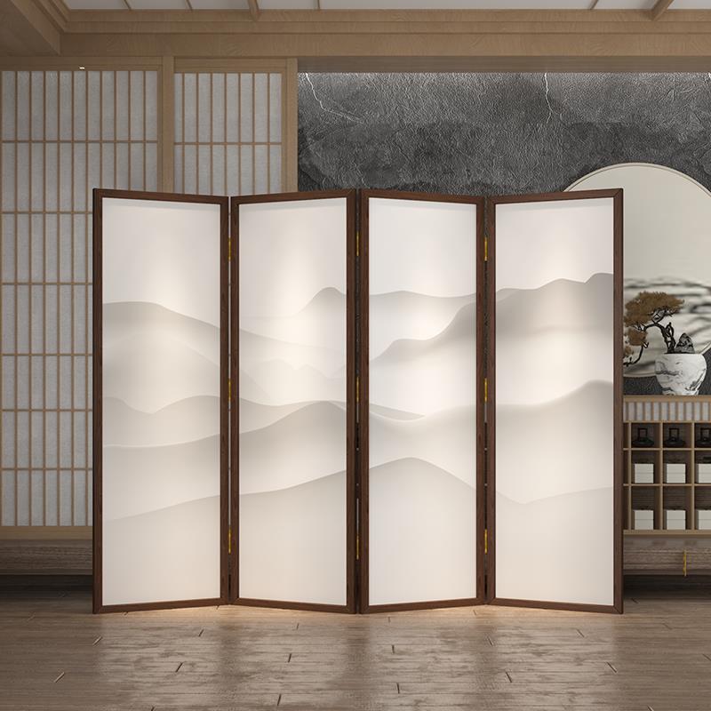 新中式屏风隔断客厅现代办公室遮挡可折叠移动酒店折屏实木山水画
