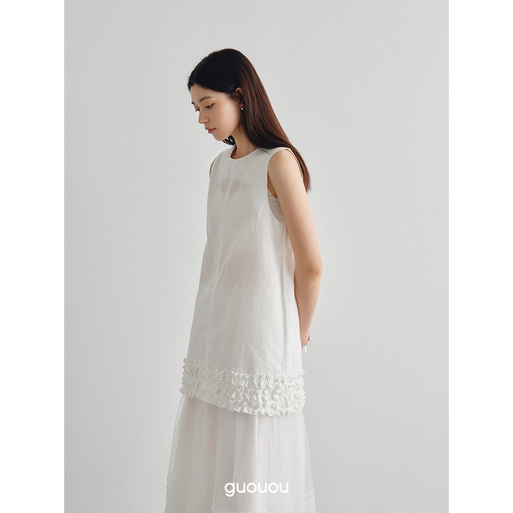 果又guouou 苎麻无袖木耳边背心上衣女领证轻礼服减龄小众背心裙