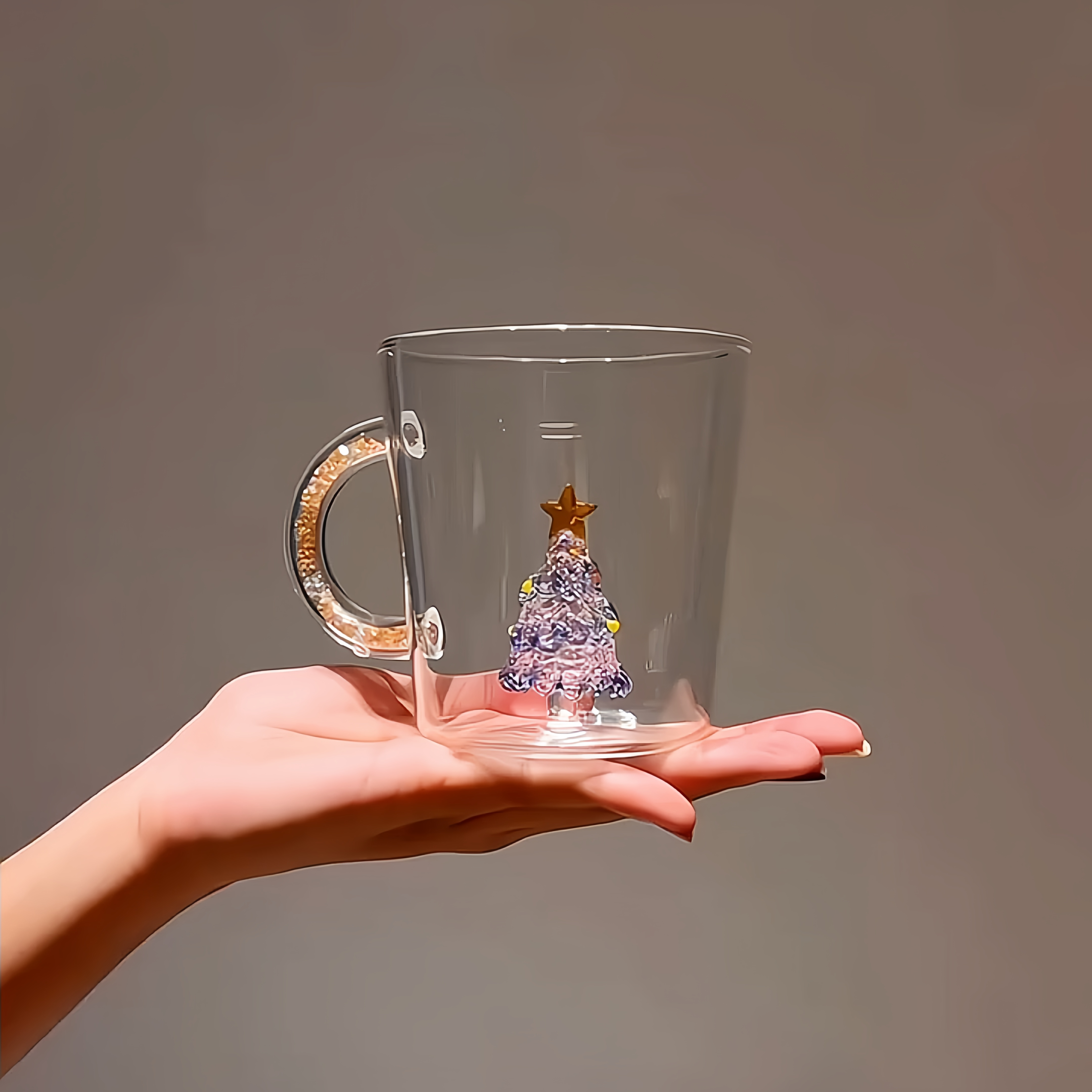 3D立体圣诞树钻石把手鎏金女士高颜值玻璃杯牛奶咖啡杯情侣喝水杯