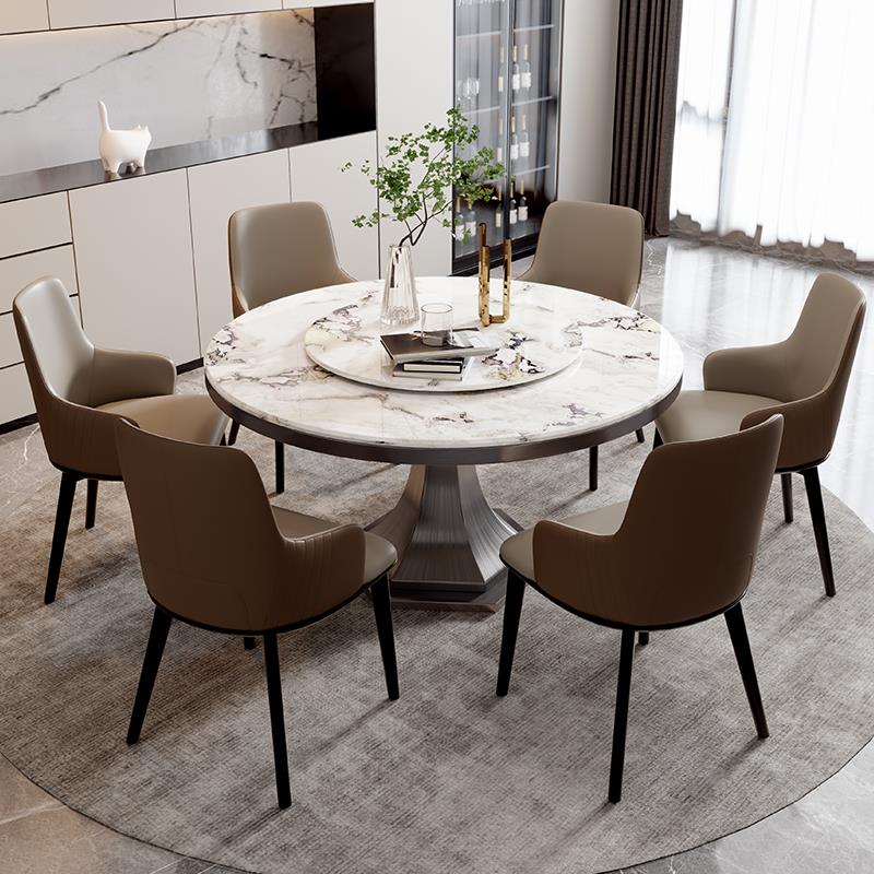 新款大理石餐桌圆形带转盘高端意式现代简约进口奢石芬迪白圆桌