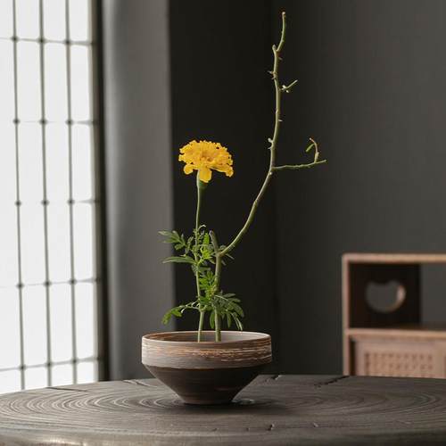 记墨陶瓷花器中式日式剑山插花器皿插鲜花禅意浅花盆花盘客厅摆件