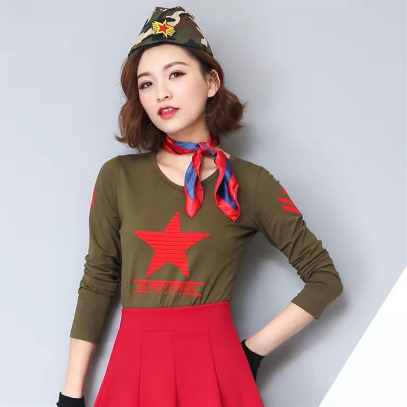 有短袖广场舞服装上衣大红五角星黑色V领长袖T恤女舞蹈水兵舞