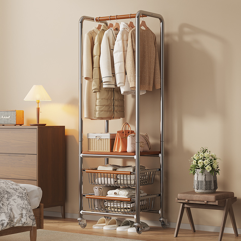落地可移动带轮挂衣架卧室多层置物架多功能晾衣架子简约衣帽架