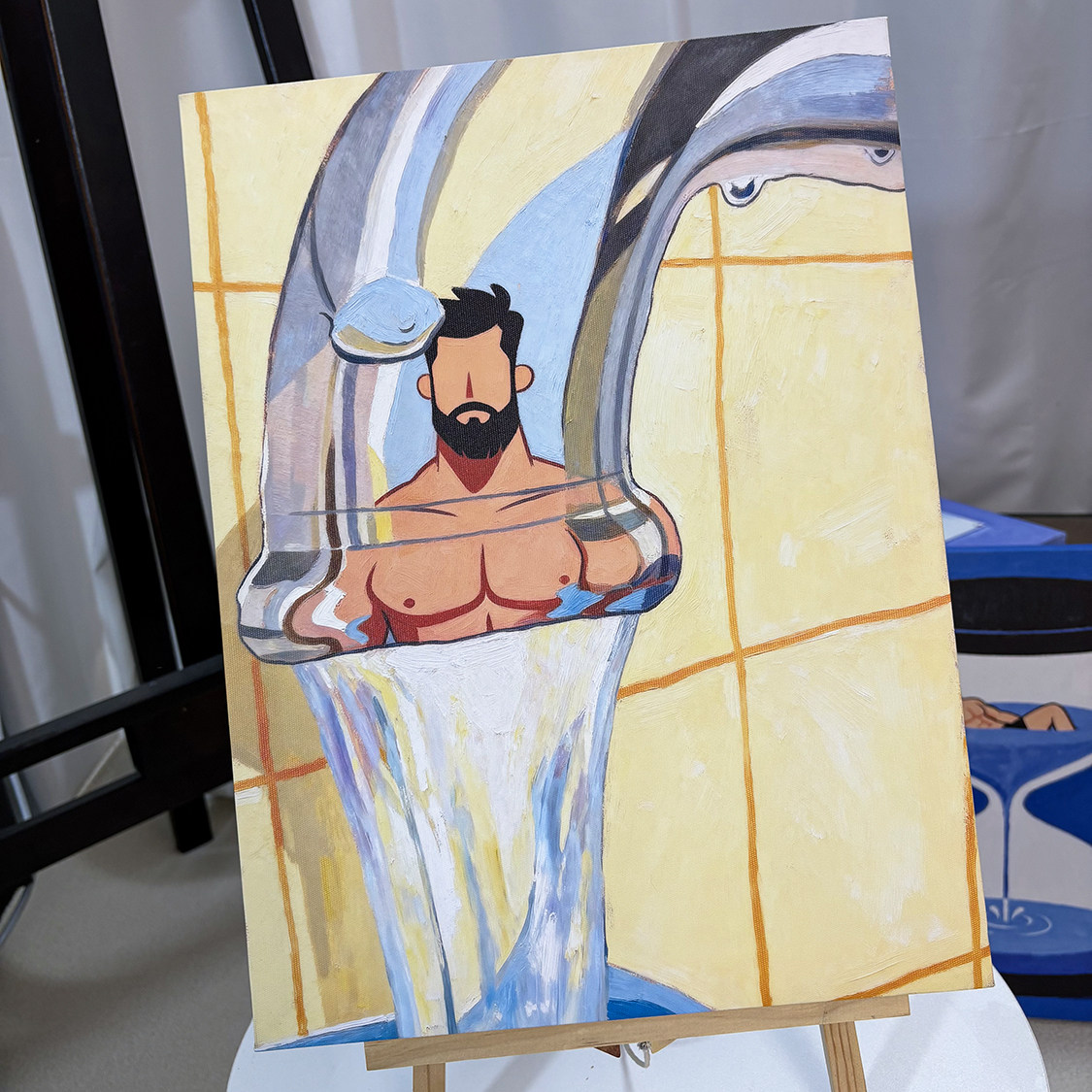 肌肉男水龙头装饰画卡通油画平面氛围感画喷绘工作室艺术画框高级