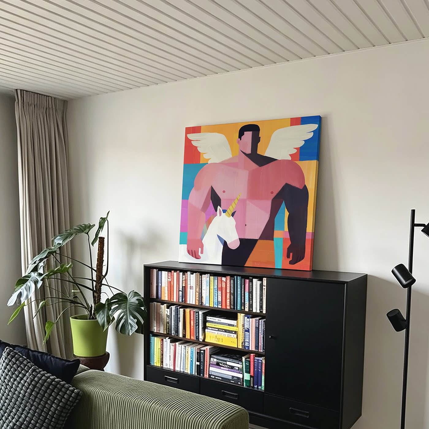 翼与独角几何色块肌肉天使男士装饰画独角兽撞色艺术潮流挂画客厅