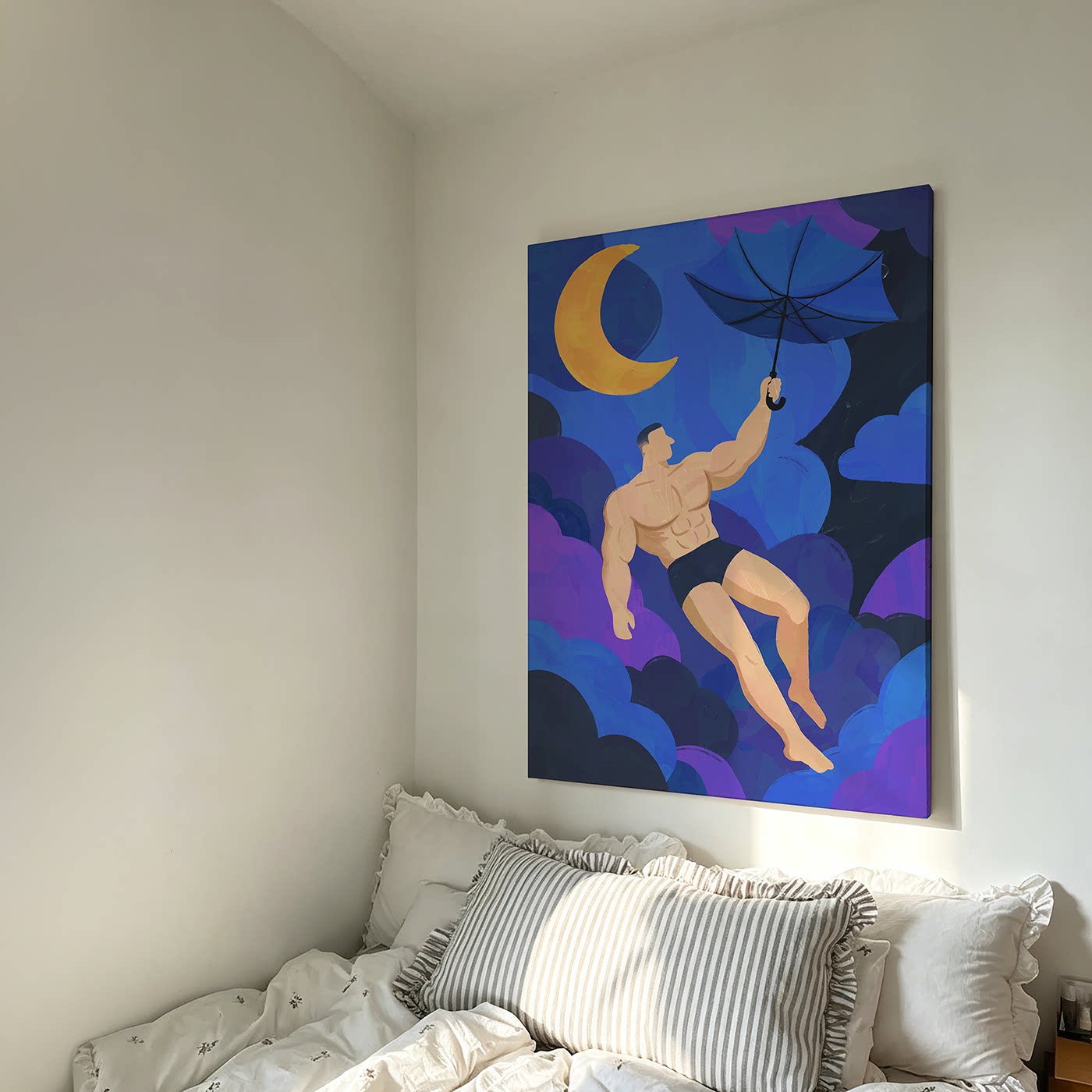 晚风托举的梦扁平卡通油画肌肉男生夜空装饰画玄关背景墙帆布挂画