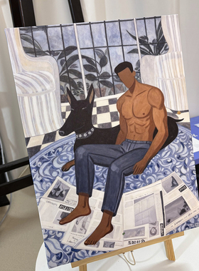 抽象慵懒居家肌肉男宠物狗装饰画卡通油画氛围感画喷绘工作室艺术