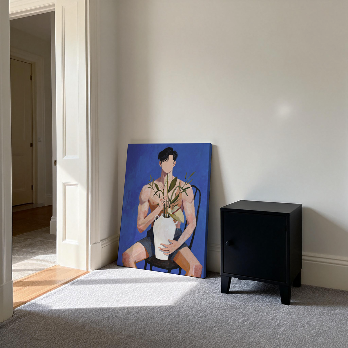 克莱因蓝清冷感小众艺术抽象男体卡通油画挂画肌肉男艺术装饰画
