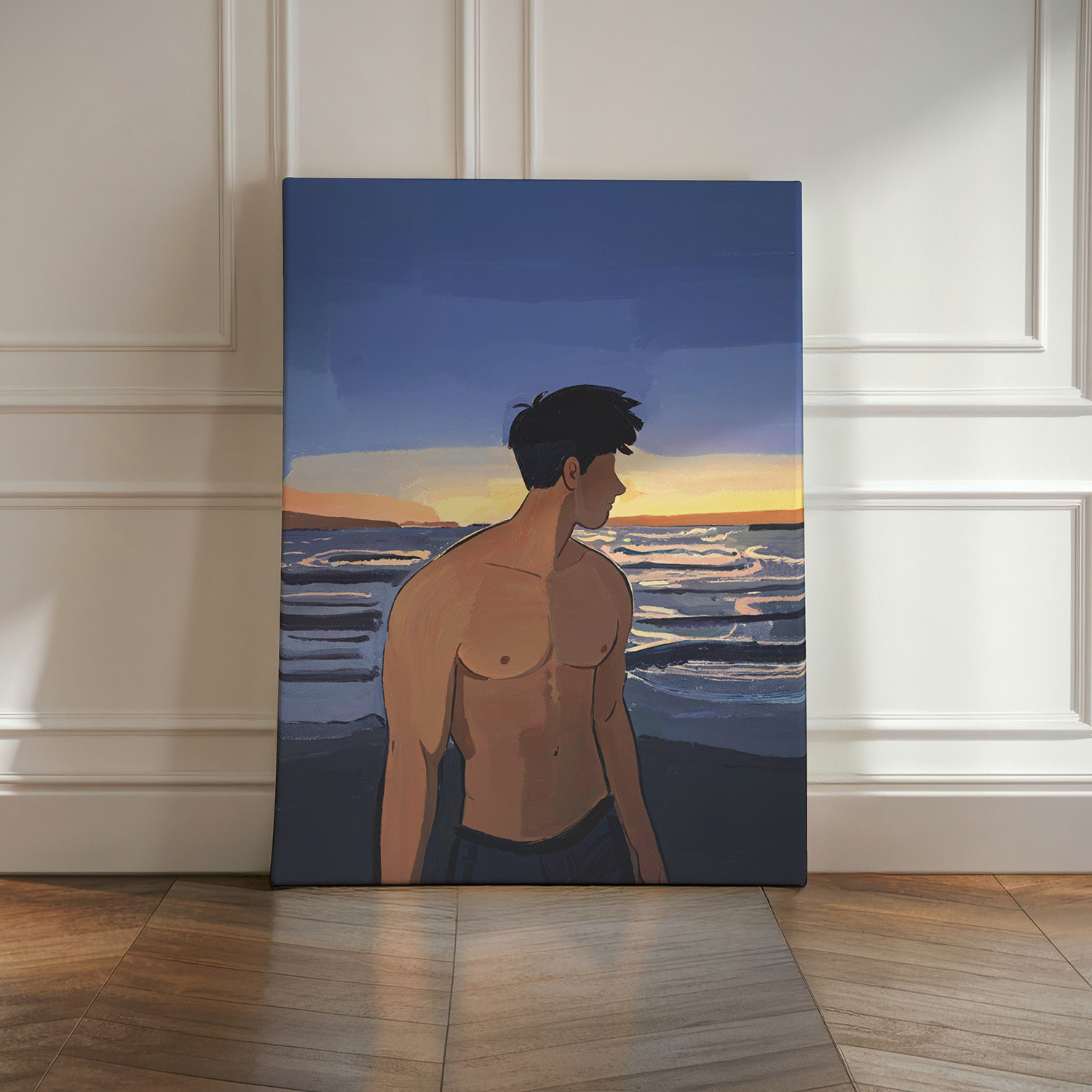 蓝调时刻男士卡通装饰画趣味氛围感画喷绘男体艺术房间玄关个性