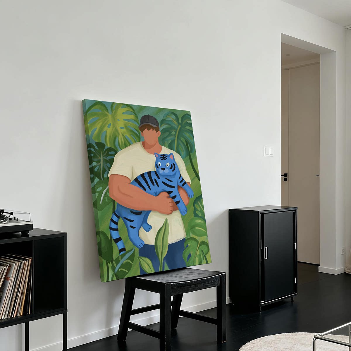 治愈系抱蓝虎体育生装饰画多巴胺绿植挂画原创卧室床头画入户摆画
