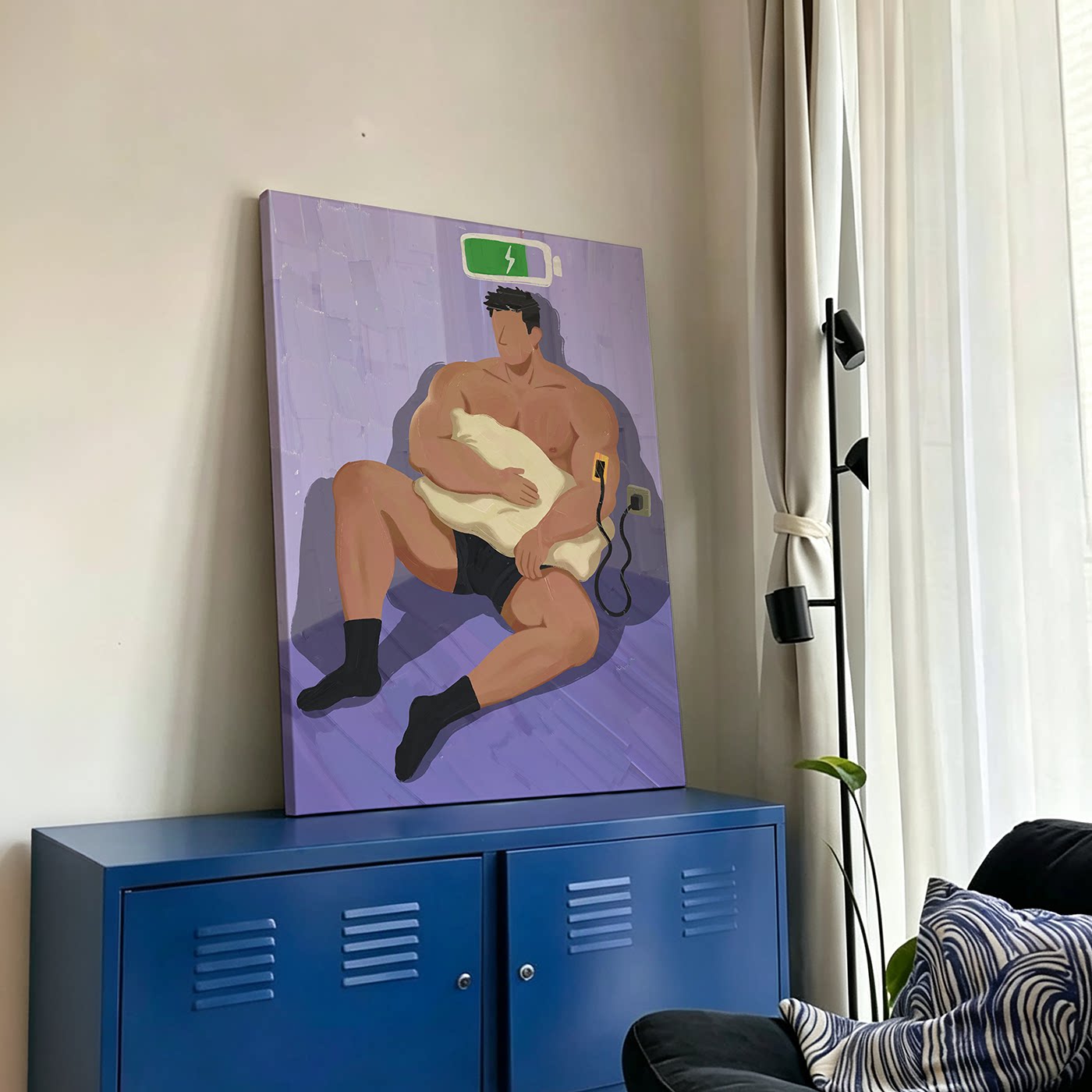 蓄能时刻趣味脑洞插画插电肌肉男生装饰画现代简约公寓个性挂画