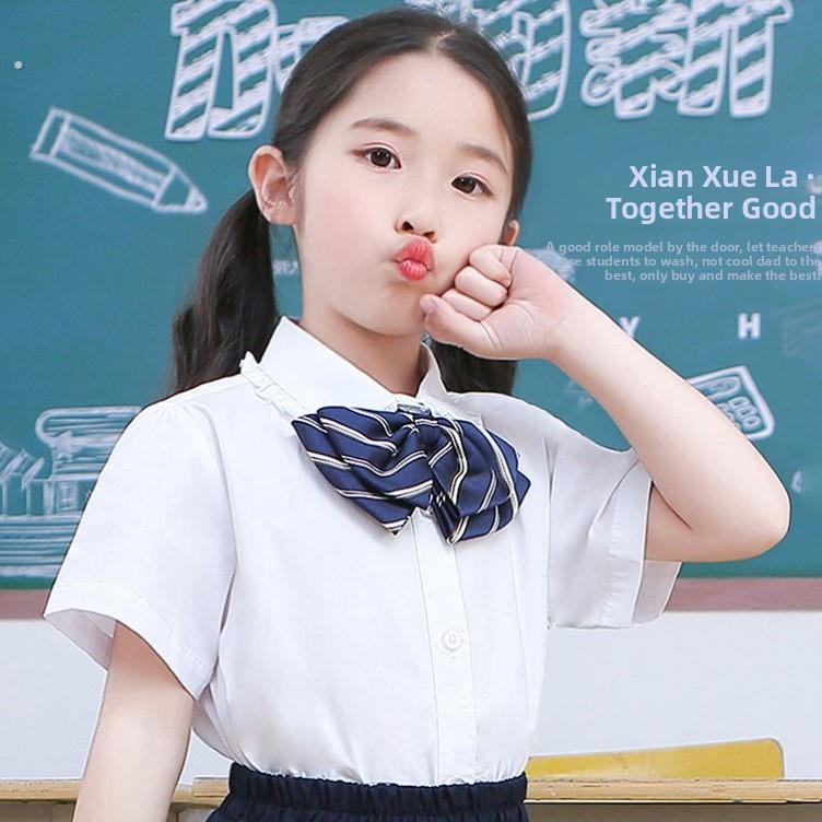 女童白衬衫短袖儿童纯棉白色衬衣女孩洋气表演出服小学生校服班服