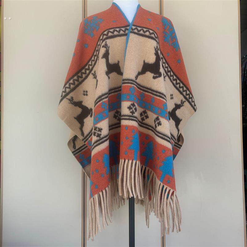 秋冬围巾百搭格子女士旅行披肩仿羊绒欧美外贸民族风开叉加厚斗篷