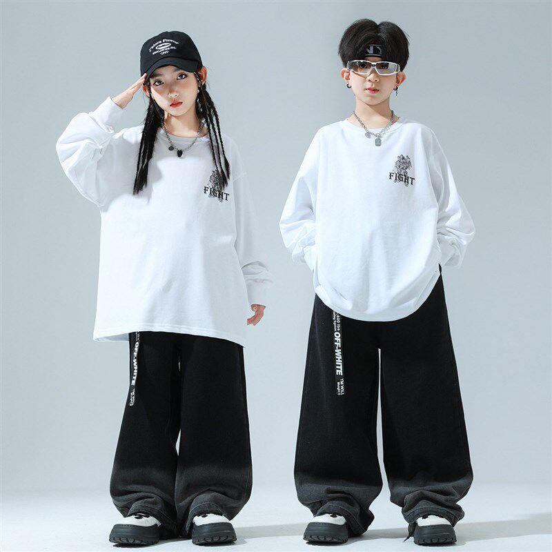 街舞儿童潮服t恤黑白宽松嘻哈服女爵士舞蹈服团S体表演六一演出服
