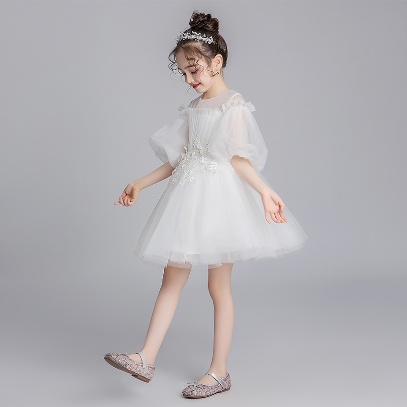 女童晚礼服公主裙蓬蓬纱小孩花童婚纱儿童演出P服高贵洋气白色秋