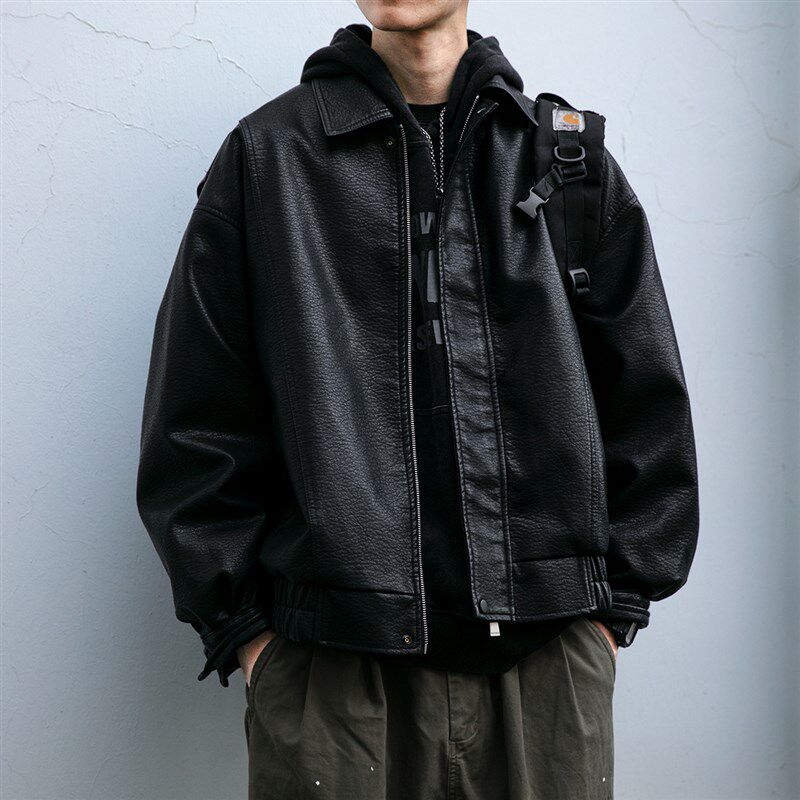 美式复古PU皮衣外套男秋冬新款户C外痞帅机车夹克宽松休闲翻领上