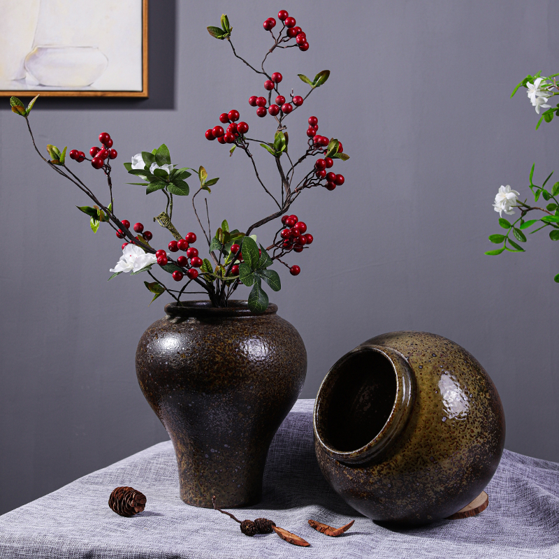 新中式粗陶花瓶复古侘寂风民宿陶瓷摆饰居家客厅插花窑.变釉老陶