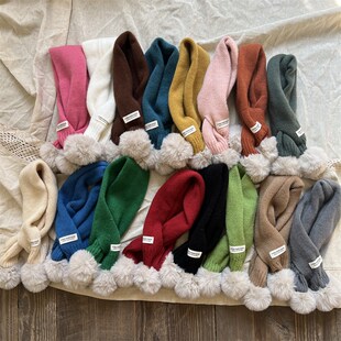 超百搭儿童d围巾纯色秋冬加厚针织男女童脖套韩版毛球交叉围脖保