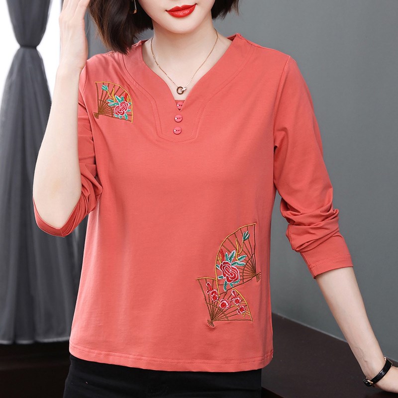 纯棉长袖t恤女宽松2024春装新B款百搭V领上衣中老年妈妈休闲打底