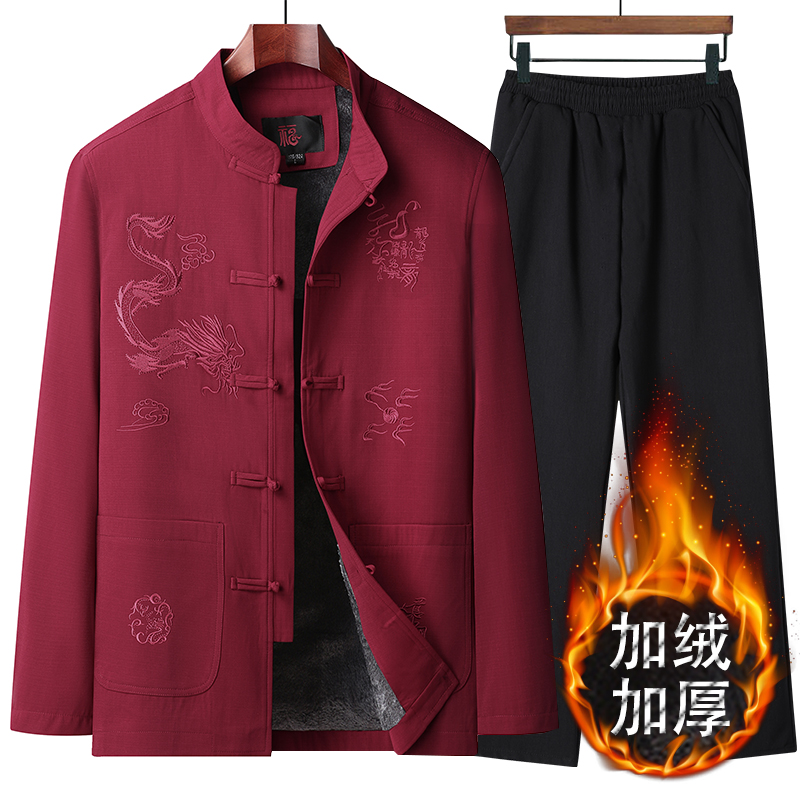 冬季唐装男加绒加厚爸爸r棉衣外套套装中国风老人爷爷生日夹克春