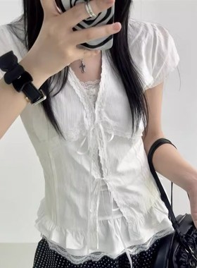 韩系蕾丝花边g白色短袖衬衫女夏季纯欲肌理感修身显瘦系带短袖上