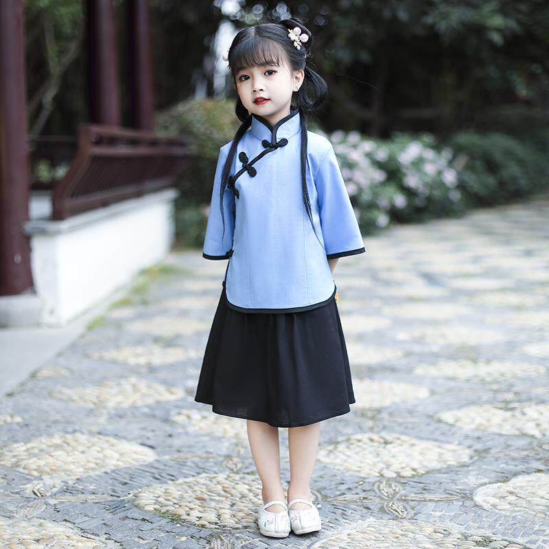 高档三月舞女童旗袍礼服服套装民汉国学生装合风唱诗台朗诵古装演